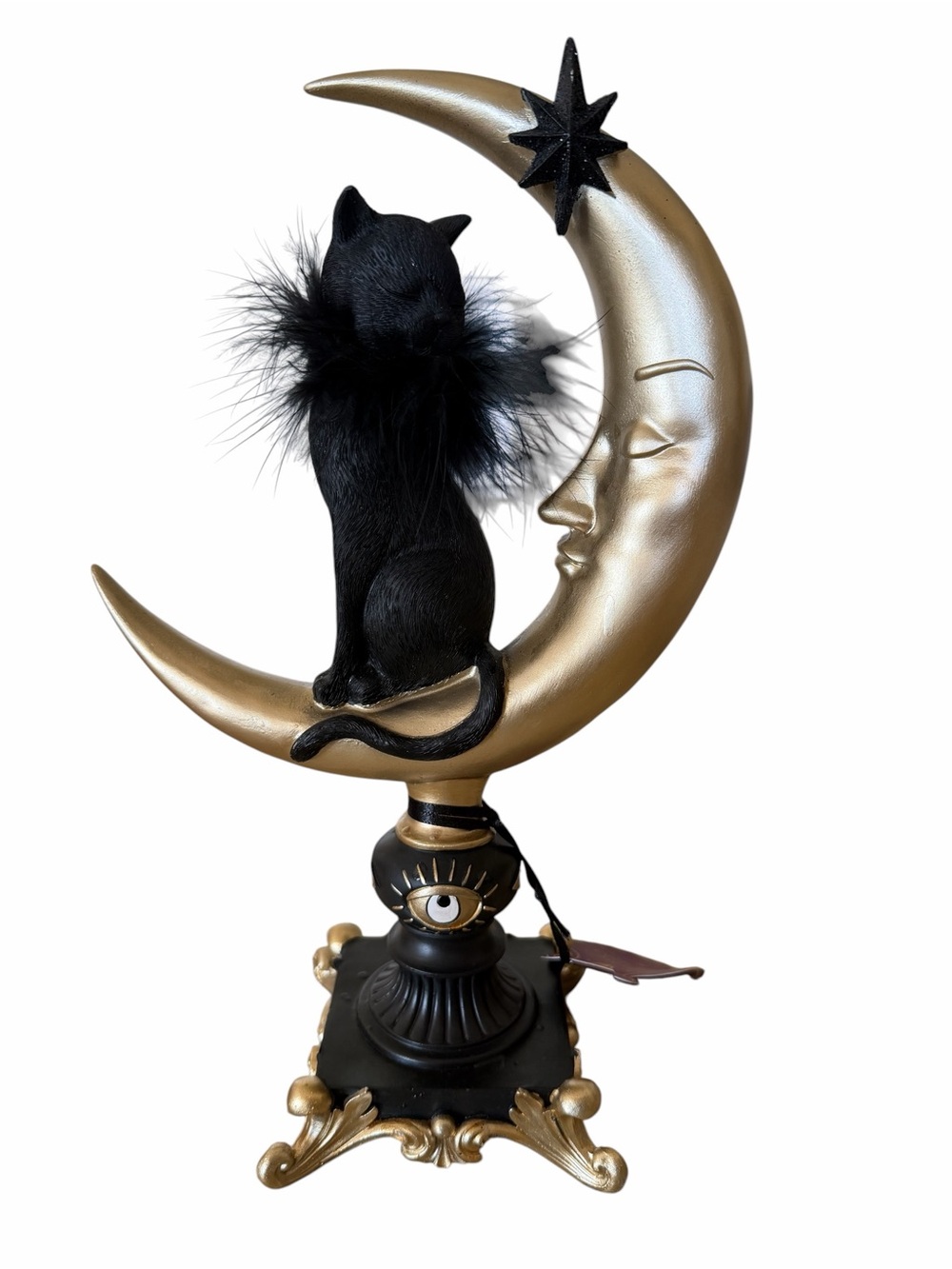 Eerie Charm Black & Gold Crescent Moon Cat Figurine - Mystical Table Accent